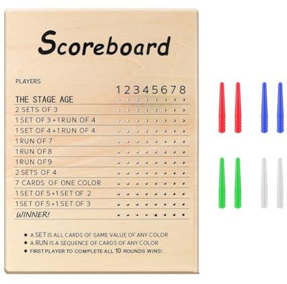 XUJIAN Phase 10-Punktetafel, 2025 Neue Hölzerne Phase 10-Punktetafel und Rundenzähler mit 8 Farbigen Stiften, Phase 10-Punkteblätter