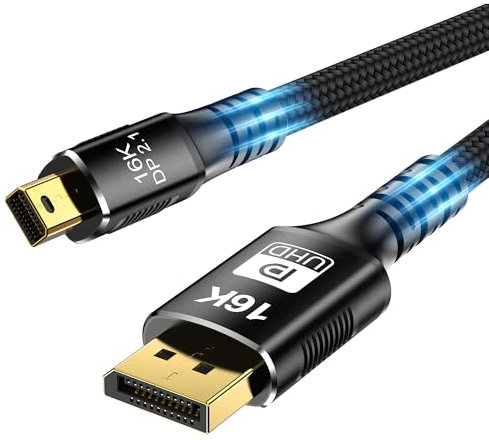 Mini DisplayPort to DisplayPort 2.1 Cable, Mini DP to DP Cord Supports 16K@60Hz/ 8K@120Hz/ 4K@240Hz Display, Bi-Directional, HDR for Apple MacBook, Doesn’t Work with Thunderbolt 3/4/5 Ports (5 ft)