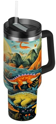 Niigeu Dessin Animé Jungle Bébé Dinosaure Bouteille d'eau Isotherme avec Paille en Acier Inoxydable Gourde, Sans BPA Gourdes Eau pour Enfant Sport Randonnée École Bureau