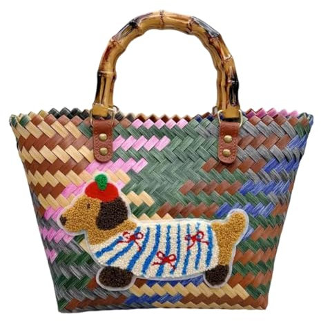 Handtasche im Vintage-Stil, Dackel-Motiv, mehrfarbig, gewebtes Design, großes Fassungsvermögen, Pendlertasche für Damen, Dackel Hund