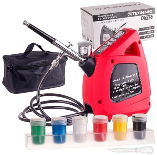 TC TECHNIC - Compressore per aerografo C113 - Kit mini aerografo - Ugello da 0,3 mm, alimentatore, 6 colori, tubo flessibile da 1,1 m, controllo a doppia azione - Flusso d'aria 10-15 l/min