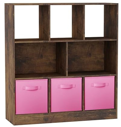 URBNLIVING Rustic Brown 8-Cube Asymmetrical Bookcase with 3 Drawer Inserts – Wood Storage Unit and Shelving Organizer- Light Pink