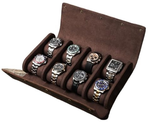 AWHZngE Custodia per 6 orologi in pelle per orologi, organizer per orologi da uomo, astuccio arrotolabile per gioielli, colore marrone, 8 scomparti
