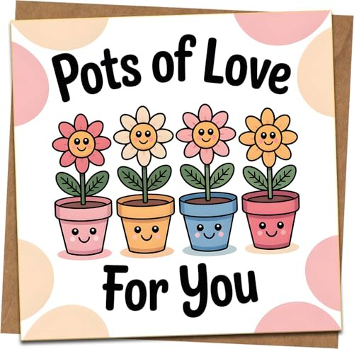 Pots of Love For You Greeting Card, Cute Smiling Flower Pots Design, 145mm x 145mm Square Card with Kraft Envelope, for Birthday, Thank You, Anniversary, Thinking of You