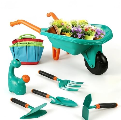 Racocou Kids Metal Wheelbarrow & Garden Tool Set, Beach Sand Toys, Outdoor Educational Pretend Play, Preschool Sensory Training,Blue