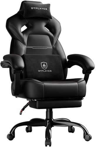 GTPLAYER Sedia da gaming, con poggiapiedi, cuscino lombare, poggiatesta, regolabile in altezza, braccioli regolabili con poggiapiedi, 200 kg, girevole, colore nero