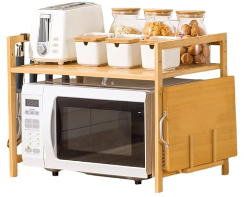 Ameble 22x14x16.5 Inch Dual Layer Bamboo Microwave Oven Rack with Chopping Board Slot & 4 Hooks, Microwave Stand Countertop Shelf for Kitchen Organizer