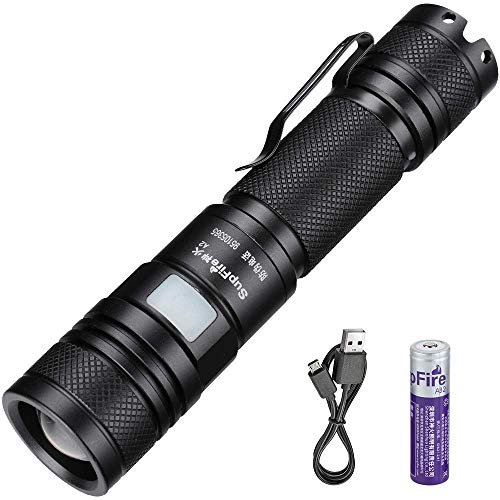 Supfire Tactica Linterna Impermeable Zoom Faroles de Mano 950 Lumenes CREE LED Antorcha con Bateria 18650 Incluido,Recargable con Cable USB Directamente,5 Modos de Luz para Camping Ciclismo,Modelo A2