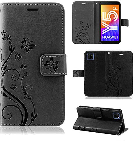 betterfon | Huawei Y5P Hülle Flower Case Handytasche Schutzhülle Blumen Klapptasche Handyhülle Handy Schale für Hauwei Y5P Schwarz