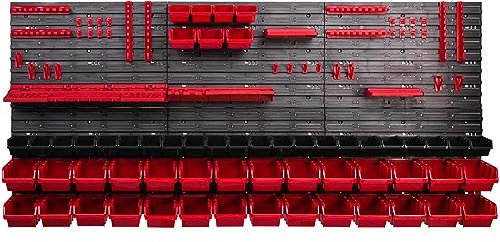 Panneau murale a outils 172 x 78 cm avec 57 bacs a bec, boites de rangement a suspendre organiseur a outils rouge et noir, caisse pour vis clous petit trucs, garage atelier
