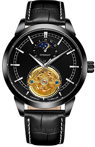 BOLYTE Antike Herren-Armbanduhr Automatisches Selbstaufziehende 24 Stunden Sonne und Mond Subdial Mechanische Skelett mit Lederband, Schwarz
