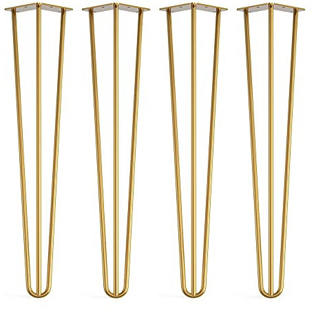 4 x Hairpin Legs with Floor Protector Feet & Screws - 61cm 3 Rod / 10mm, Gold Brass