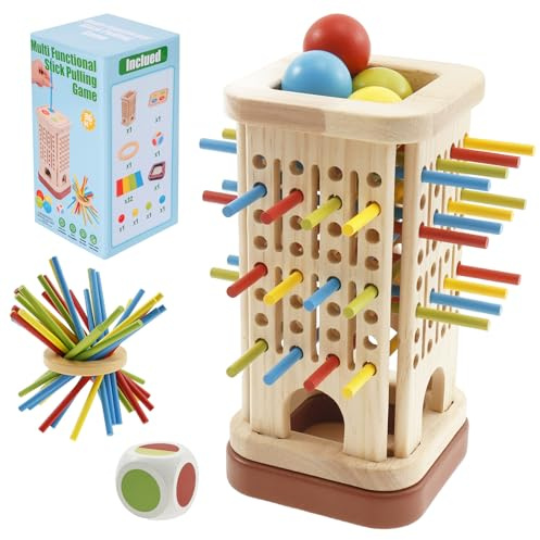 harupink Montessori Spielzeug ab 3 Jahre,3-IN-1 Montessori Spiel Brettspiel aus Holz,Lernspiele ab 3 Jahre,42 Bunte Holzstäbchen Spiele Würfelspiel,Farblernturm Kinderspiele Reisespiele Kinder