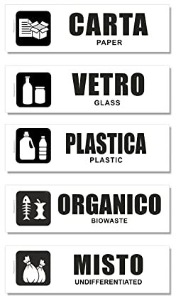 Aufkleber, Mülltrennung, Recycling-Etiketten mit Illustrationen und Schriftzug, Weiß und Schwarz, waschbar, Italienisch und Englisch, 5 Stück