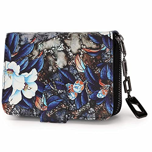 Geldbeutel Damen klein im Kurzformat, Geldbörse Damen mit Blumen und Blüten Muster im Mandala und Ethno Stil, Portemonnaie Damen mit Reißverschluss und Druckknopf und vielen Fächern(Blaue Blume).