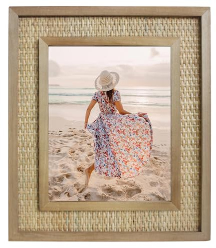 CVHOMEDECO. 8x10 Picture Frame Made of Rattan, Solid Wood and High Definition Glass, Boho Photo Frame for Tabletop Display and Wall Mounting