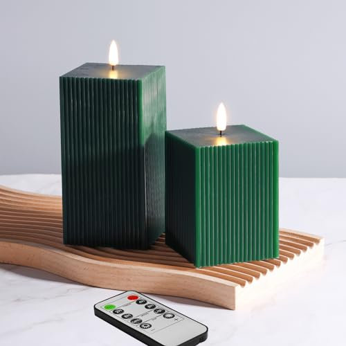 Eywamage Dark Green Square LED Candles, Ribbed Flameless Candles with Remote, Battery Operated Real Wax Candles Set of 2
