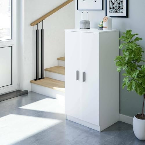 Dmora - Armoire polyvalente à 2 portes Corona, Armoire auxiliaire, Armoire à chaussures basse avec 6 étagères, Étagère à chaussures moderne, 55x36h108 cm, Blanc