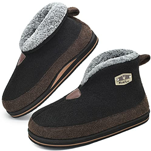 KuaiLu Pantofole Stivaletto Uomo Invernali Feltro Babbucce Peluche Calde Lana Cotta Foderata Chiuse Pantofola Stivali Pelose Pelle Slippers Comode Ortopediche Ciabatte Casa Antiscivolo Suola Nero 43