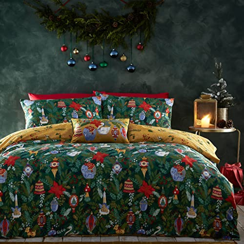 furn. Deck The Halls 2 pcs, Single Duvet Cover Set, Cotton, Polyester, Pine Green | Reversible Festive Holiday Christmas Ornamant Easycare Polycotton Bedding