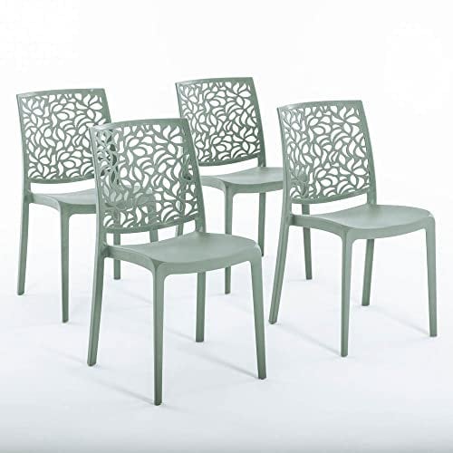Sillas de resina moderna apilables de polipropileno con fibra de vidrio, para interior, cocina o comedor, exterior y jardín, sillas de restaurante y contract - Anna (4 Sillas, Verde salvia)