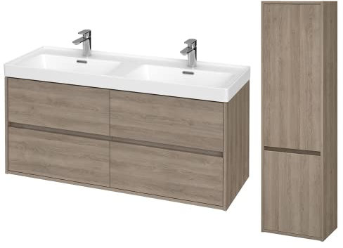 BAD LAND Badmöbel Komplett-Set Crea 120 Eiche Waschbecken-Unterschrank 120cm mit Hochschrank 140cm, Keramikwaschbecken, Badezimmermöbel 4-Schubladen, Hochhängeschrank mit 2-Türen