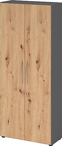 bümö Mehrzweckschrank 80cm breit, Aktenschrank o. Schuhschrank hoch, Schrank mit Regal, Küchenschrank in Graphit/Asteiche aus Holz, Vorratsschrank & Haushaltsschrank mit Metallgriffen