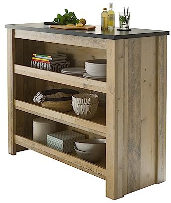 Furn.Design Theke Küchentheke Kücheninsel Used Wood hell und anthrazit/grau Küchenschrank freistehend Barschrank mit viel Stauraum und Handtuchhalter 130 x 106 cm Stove (Theke)