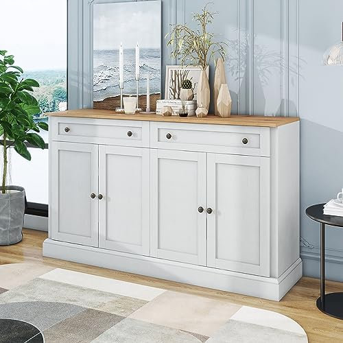 Merax Sideboard Kommode mit 4 Türen und 2 Schubladen, Buffetschrank mit viel Stauraum, Verstellbares Regal, Holz Mehrzweckschrank für Flur Esszimmer Wohnzimmer, Landhausstil, Weiß und Holzfarbe