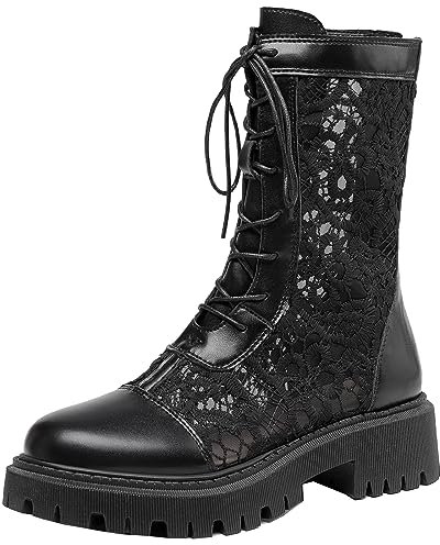 CUTEHEELS Stivali estivi da donna in rete con cerniera posteriore e tacchi ingombranti, Nero , 35 EU