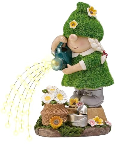 TERESA'S COLLECTIONS Garden Gnome with Solar Outdoor Lights for Garden Decor,Lady Gnome Watering Flower Resin Garden Sculptures & Statues for Outside,Lawn Ornaments for Yard Decor,Dad Gifts 7.9