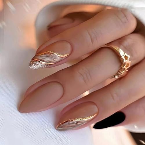 Angwis 24pcs Short Almond False Nails Black Brown Matte, Glitter Gold Swirl Press-on Nails Removable Glue-on Nails Full Cover Fake Nails Women Bridal Nail Art Accessories
