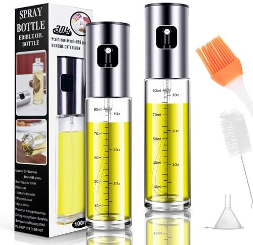 2 pcs Spruzzatore Olio,100 ML Olio Spray per Friggitrice ad Aria con Scala,Spray Olio Oliva o Aceto Riutilizzabile Trasparente per Cucinare, Grigliare, Cuocere al Forno, Pasta, Insalate (Argento)