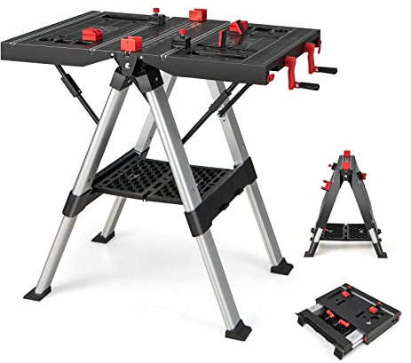 GYMAX Tavolo da Lavoro e Cavalletto Portatile Pieghevole, Banco da Lavoro Multifunzione con Sistema di Bloccaggio 2 Altezze Regolabili, Cavalletto Carico Massimo 454 kg (Nero + Rosso)