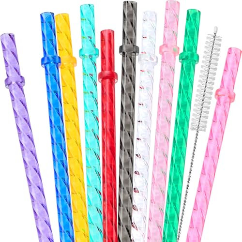 10 Pack Swirl Straws for Starbucks Tumbler, Reusable 11 Long Hard Plastic Shiny Crystal Tumbler Replacement Drinking Straws For 16 OZ 20 OZ 30 OZ Stanley, Yeti Tumblers With Cleaning Brush