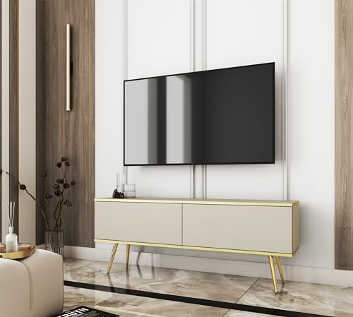3E 3xE living.com Mobile TV di colore Beige con gambe ORO, P: L: 135 cm, A: 30 cm, P: 32 cm