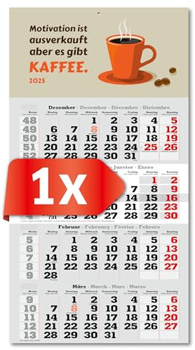 PRIMUS PRINT 4-Monats Einblockkalender 2025 - Wandkalender - Monatskalender mit Schieber - Blockkalender - inklusive Feiertagen - verschiedene Motive, verschiedene Sets - [ 1 x Kaffee ]