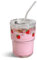 Olvini 13oz Glass Tumbler with Straw and Lid, Reusable Iced Coffee Cup, Cute Drinking Glass (Strawberry - 13oz)