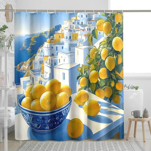 Rideau de douche citron, jaune vif, décoration de salle de bain, été, printemps, art tropical moderne, tissu imperméable, avec crochets, 183 x 198 cm