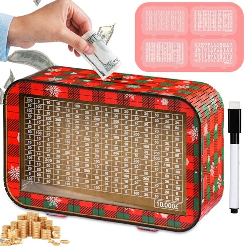 Christmas Money Gift Boxes, 10k Savings Challenge Money Box 10000 5000 3000 1000 Pound 4 IN 1, Wooden Money Box Christmas New Year Decorations