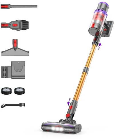 Coovy Cordless Vacuum Cleaner SU7, 580W 45Kpa 75 Minutes Runtime Stick Vacuum with Touch Screen, Anti-Tangle Wireless Powerful Lightweight Vac for Home Pet Hair Carpet Hardwood, Gold