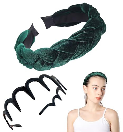SSKHE Bandeau tressé en velours, bandeau vintage pour femmes et filles, vert, bandeau tendance pour femme