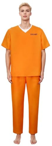 Men’s Orange Prisoner Costume Fancy Dress Costume Convict Boiler Suit Prisoner Overalls Jail Jump Suit Dress Up Outfit Mens Fancy Dress Costume Cosplay Carnival Party Deco Prisoner Jumpsuit