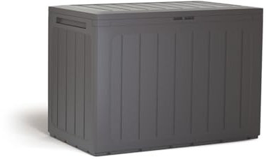 Stolmet Garden Storage Box 190 and 280 Litre Boardebox Effect | Plastic Outdoor Patio Parcel Tool Chest Log Store | Lockable Water-Resistant Weatherproof | Anthracite and Brown (Dark Brown, 190L)