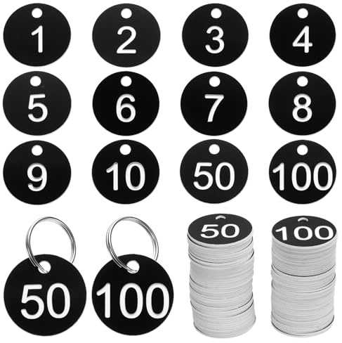 sourcing map Numbers Key Tags, 1-100 Plastic ID Hang Tag with Metal Ring Numbered Tags for Dormitory Key Chain Box Cabinet Lockers(Black & White)