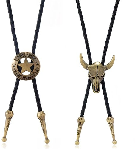 Amexo Bolo Leder Krawatte, 2 Stück Western Cowboy Krawatte Kuh Schädel Halskette, Bolo Tie Cowboy Weste Halskette Leder Gürtel Cowboy Kostüm Accessoires für Herren und Damen