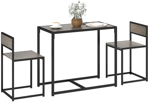 HOMCOM Dining Table and Chairs Set 2, Dining Room Sets, Rectangular Space Saving Table and 2 Chairs for Compact Kitchens, Steel Frame, Grey Wood-Effect