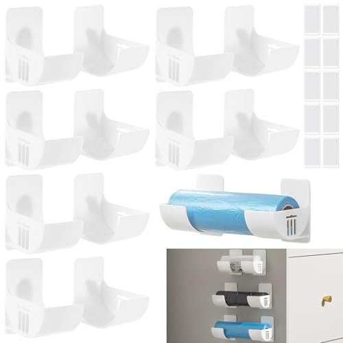 YAYODS Pack of 12 Wall Bin Bag Holders - 6 Pairs Bin Bag Holder Wall Mounted Kitchen Organiser - White Bin Bag Holder - Self-Adhesive Kitchen Organiser - Bin Bag Dispenser for Kitchen Storage