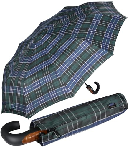 iX-brella Herren-Taschenschirm 10 Streben schwarz, mit Auf-Zu-Automatik und Rundhakengriff mit Holzoptik - check blue-green