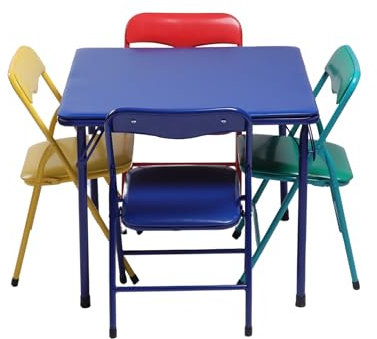 HOMYLIN 5er-Pack mehrfarbiger Klapptisch und Stühle, Set für Kinder, bunt, tragbar, leicht, Kinder-Aktivitätsset, 4 Bunte Stühle (29 x 27 x 53 cm) und Blauer Tisch (61 x 61 x 51 cm)